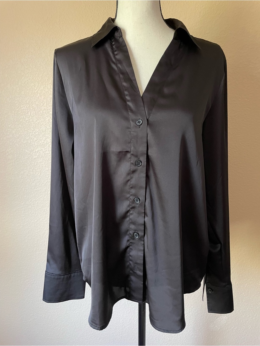 NWT H&M black satin long-sleeve button-down blouse S